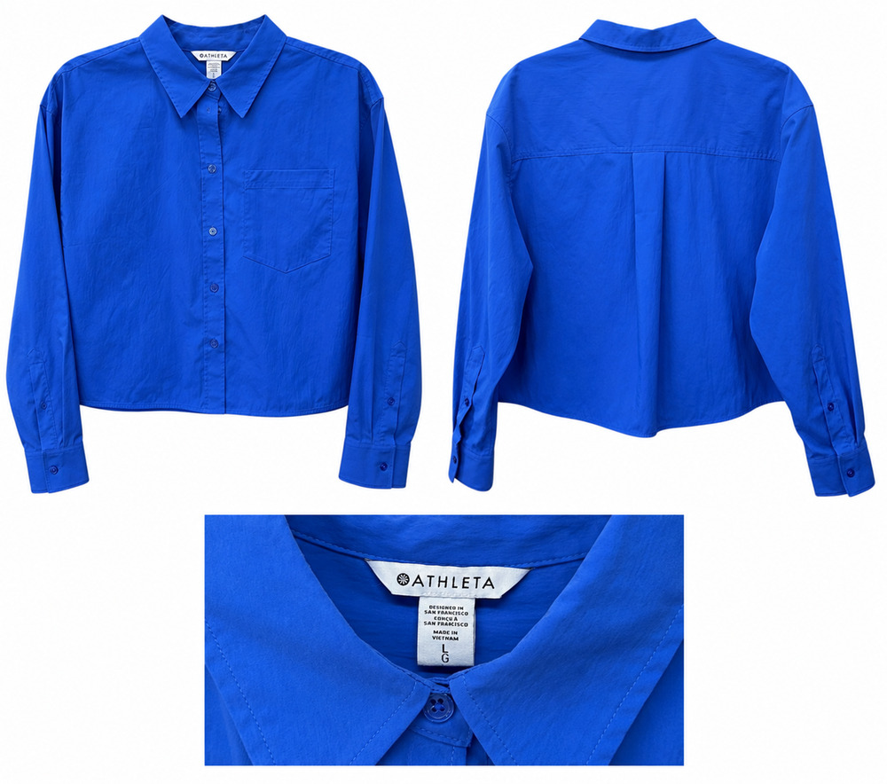 Athleta Womens L Cobalt Blue Cropped Button Down Shirt Long Sleeve Oversized